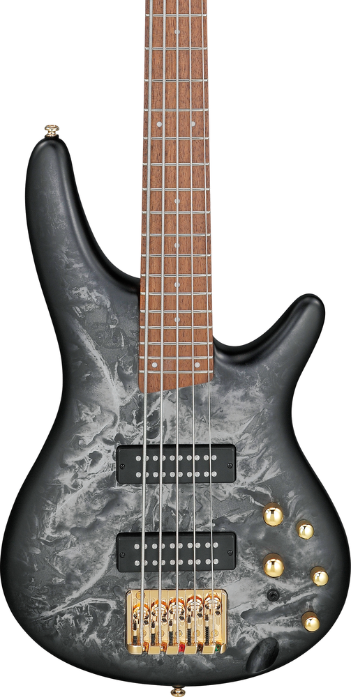 Black electric bass guitar with a marbled finish on a white background