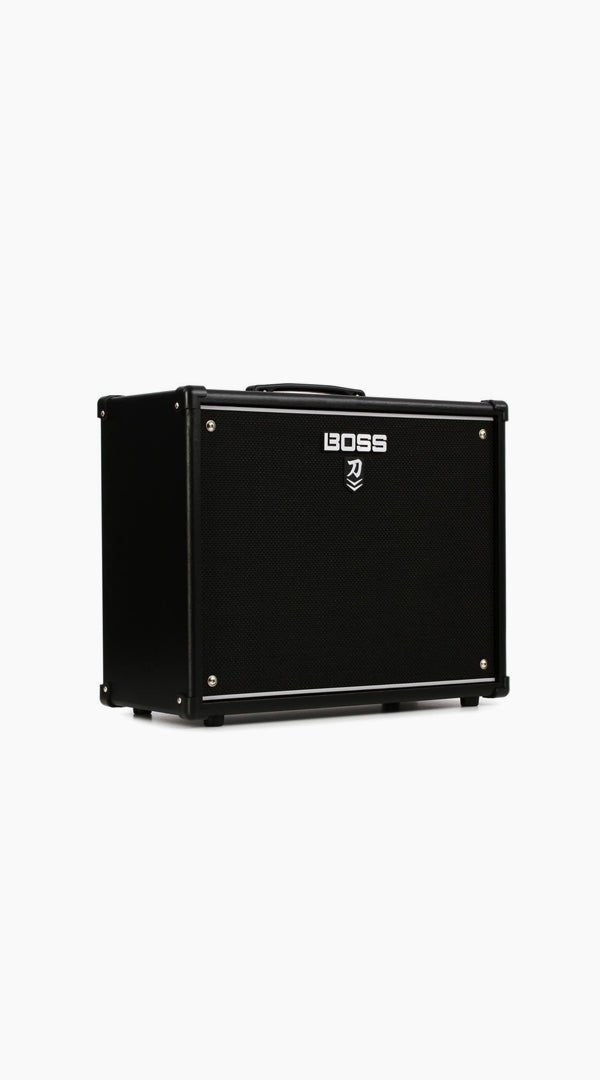 This is a black and white pin striped multi effects guitar amplifier.Boss Katana-50 MKII Amp - Sieffs Music